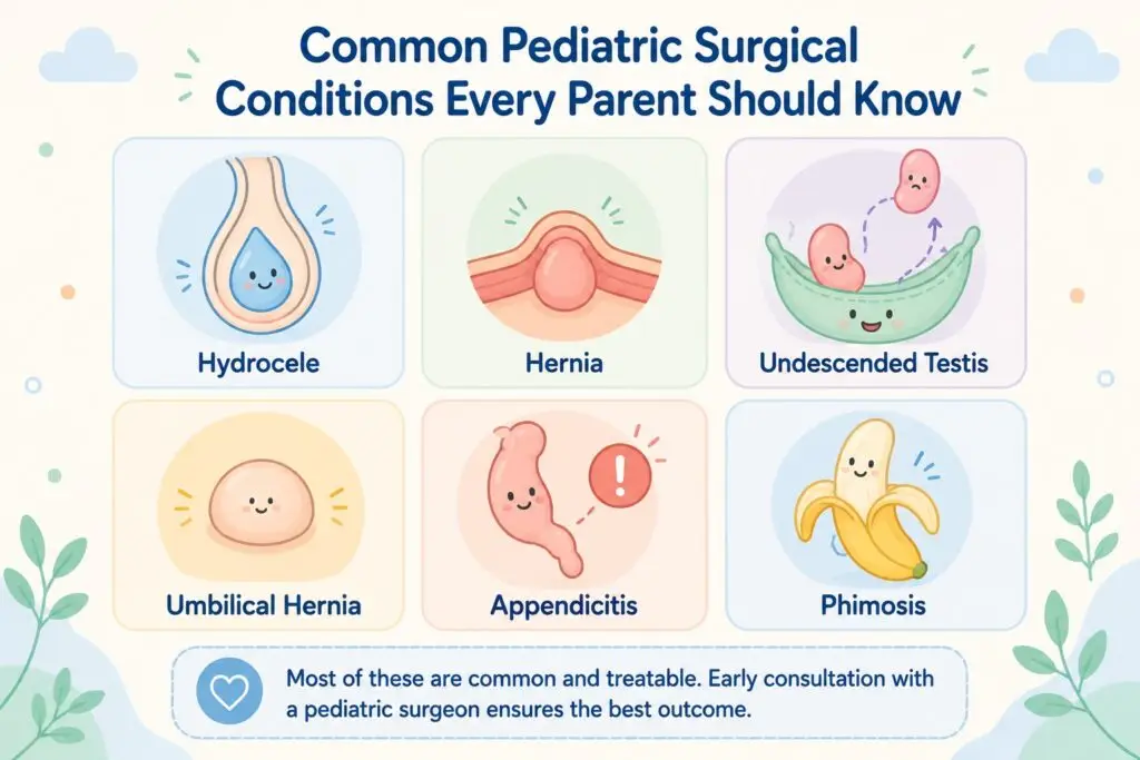 Does my child need surgery (सर्जरी की ज़रूरत)? Common conditions: hydrocele, hernia, undescended testis, umbilical hernia, appendicitis, phimosis