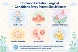 Common pediatric surgical conditions: hydrocele, hernia, undescended testis, umbilical hernia, appendicitis, phimosis