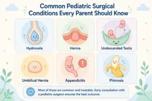 Common pediatric surgical conditions: hydrocele, hernia, undescended testis, umbilical hernia, appendicitis, phimosis
