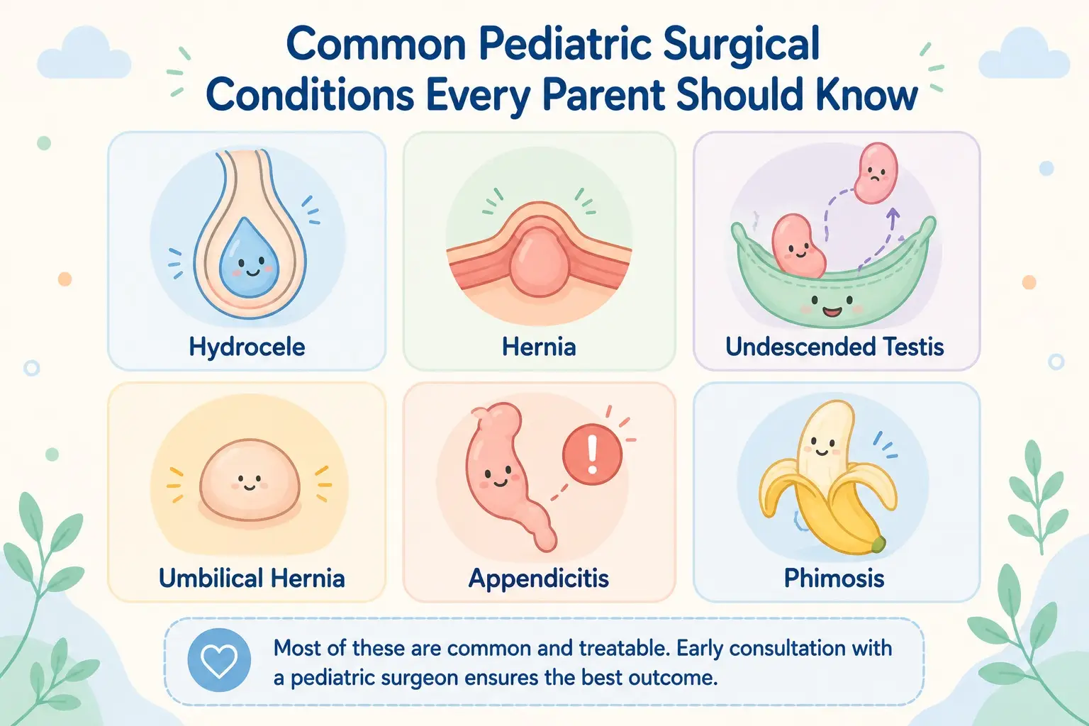 Common pediatric surgical conditions: hydrocele, hernia, undescended testis, umbilical hernia, appendicitis, phimosis