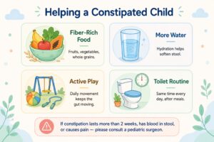 Helping a constipated child: fiber, water, active play, and toilet routine