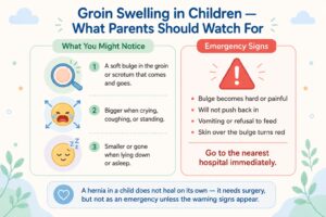Groin swelling in children: signs to watch for and emergency warning signs of hernia
