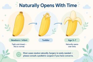 Phimosis in boys: banana metaphor showing foreskin naturally opens with age