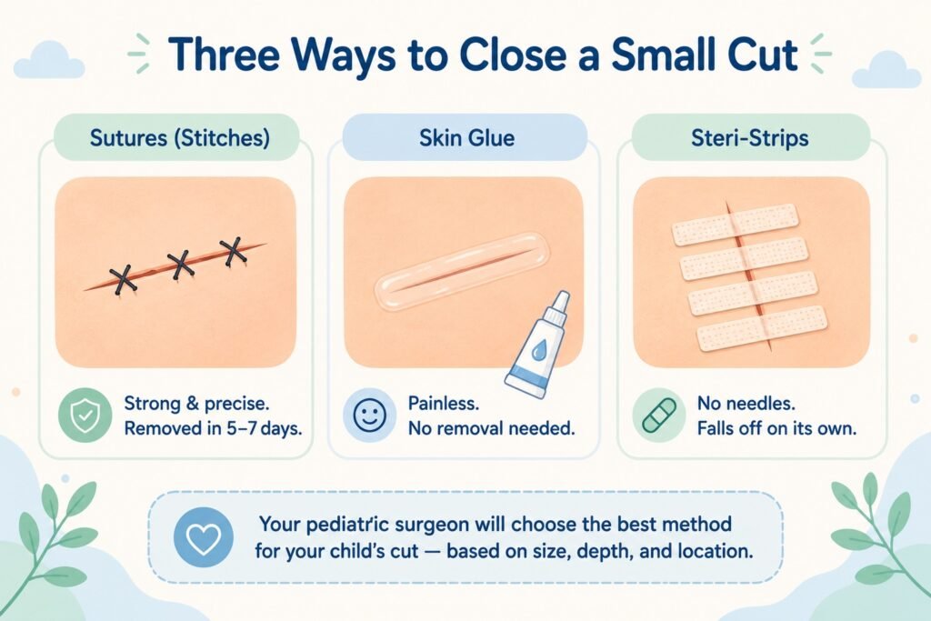 Face cuts in children (चेहरे के कट): sutures, skin glue and steri-strips, three ways to close a small cut