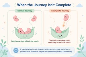 Undescended testis in baby boys: friendly pouch metaphor showing normal vs incomplete journey