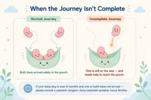 Undescended testis in baby boys: friendly pouch metaphor showing normal vs incomplete journey