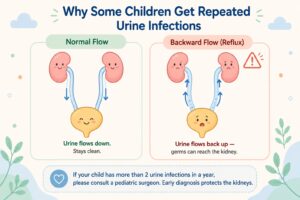 Vesico-ureteric reflux in children: normal vs backward urine flow diagram