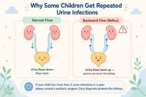 Vesico-ureteric reflux in children: normal vs backward urine flow diagram