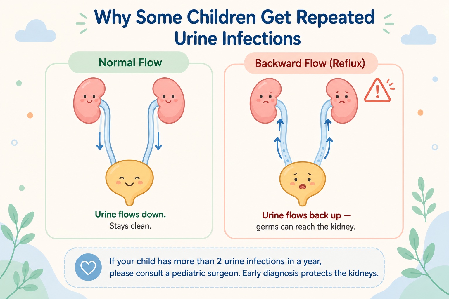 Vesico-ureteric reflux in children: normal vs backward urine flow diagram