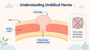 Umbilical hernia in babies: cross-section diagram with coin myth warning