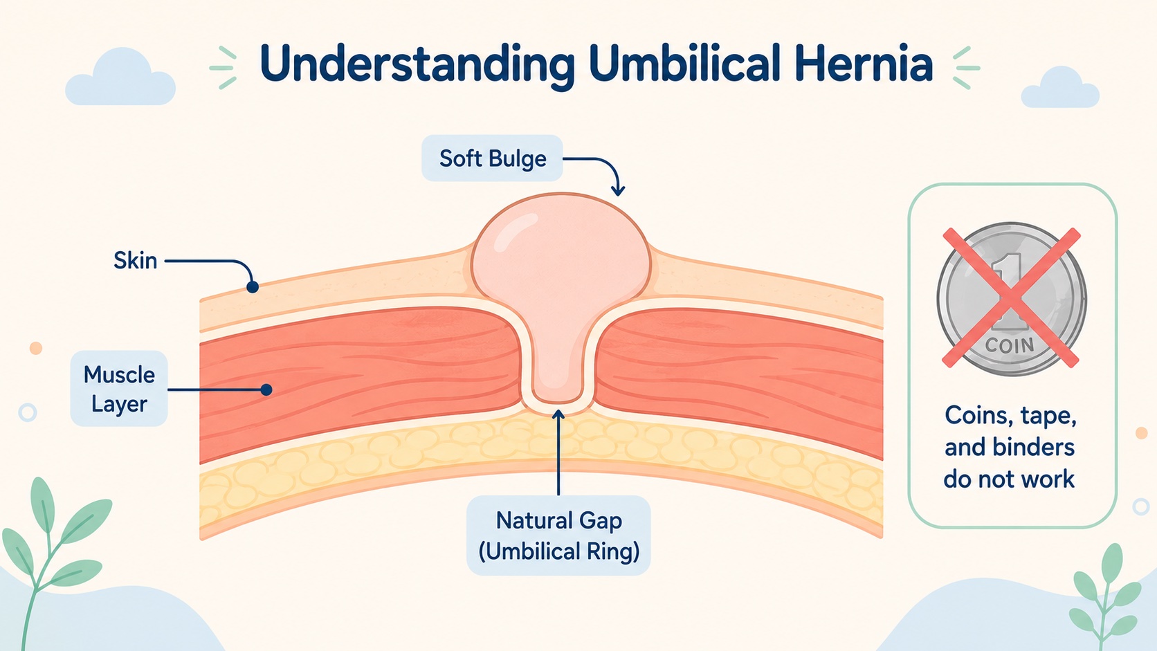 Umbilical hernia in babies: cross-section diagram with coin myth warning