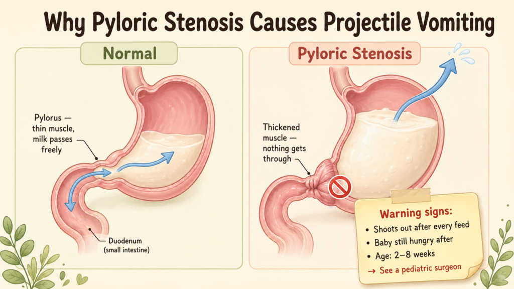 Pyloric stenosis (पाइलोरिक स्टेनोसिस) in babies: forceful vomiting after feeds and its surgical cure, explained for parents