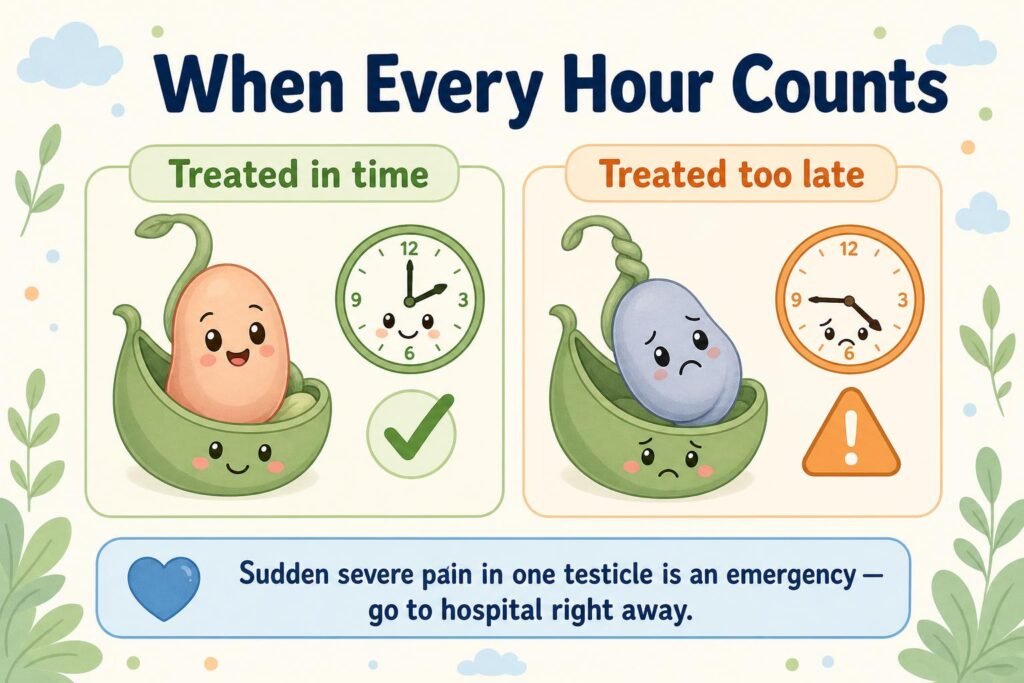 Testicular torsion (टेस्टिकुलर टॉर्शन): illustration for a parent guide to sudden, severe testicle pain in boys as a surgical emergency