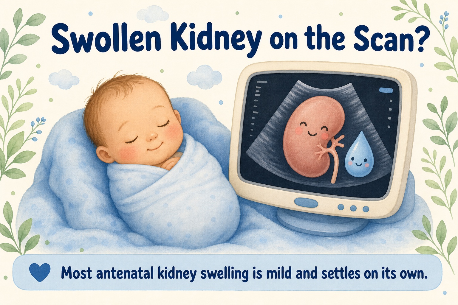 Illustration: a sleeping baby beside an ultrasound showing a swollen kidney; most antenatal hydronephrosis is mild and settles on its own