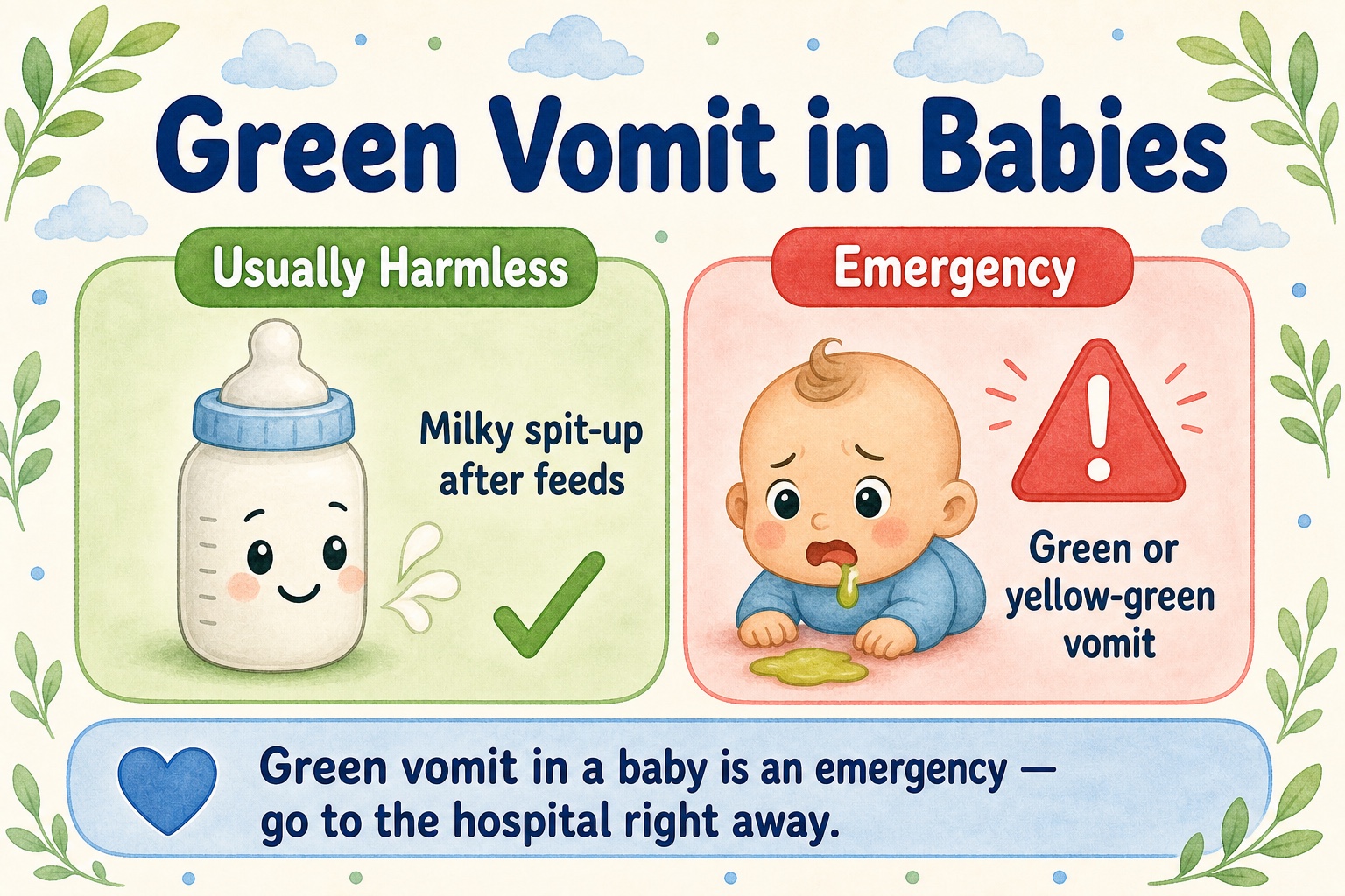 Infographic: green vomit in a baby is an emergency versus harmless milky spit-up