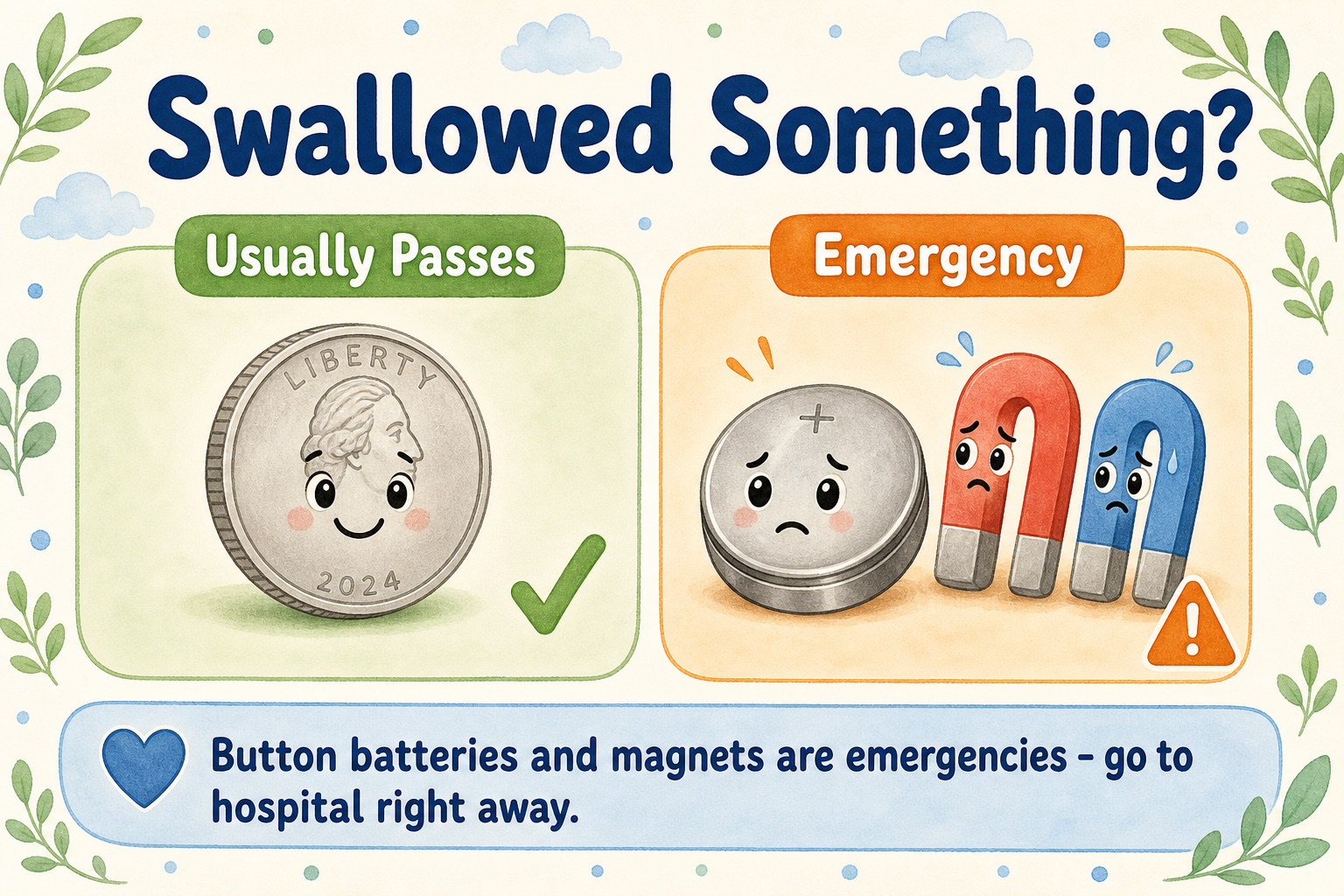 Illustration: a swallowed coin usually passes, but button batteries and magnets are emergencies needing urgent hospital care