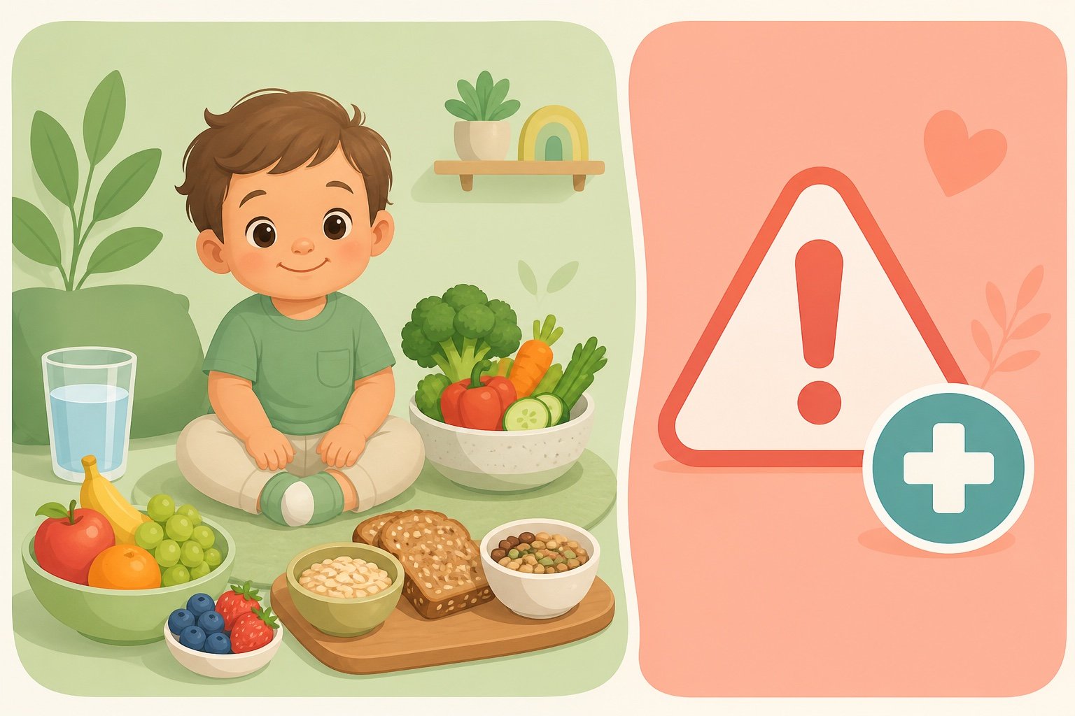 Healthy toddler with high-fibre foods beside a warning sign — anal fissure care