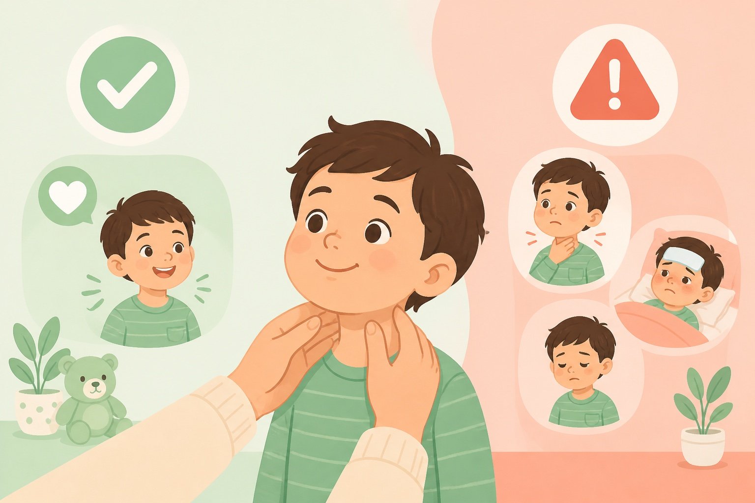 Parent gently checking a child neck, with reassuring and warning icons