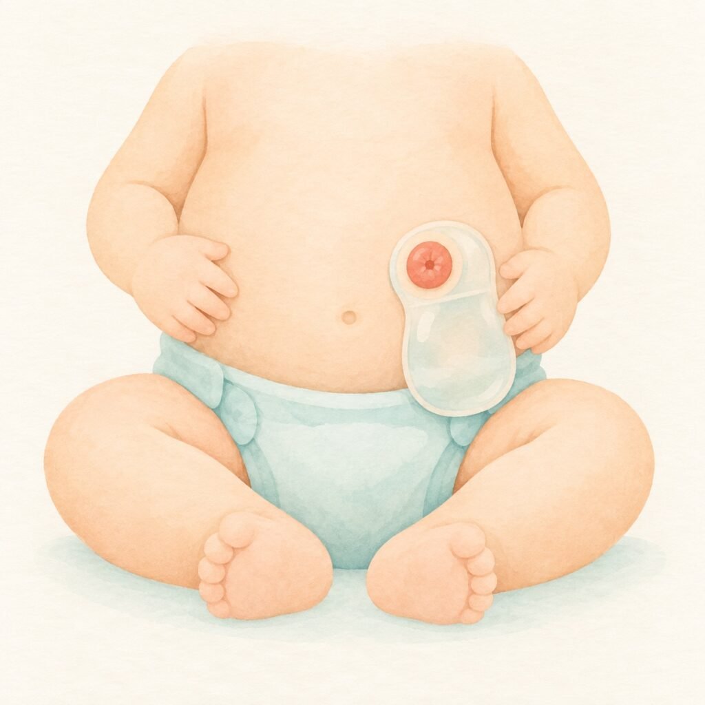 Stoma in children (बच्चों में स्टोमा) - illustration of a baby with a stoma and a stoma pouch on the tummy