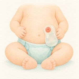 Illustration of a baby with a stoma and a stoma pouch on the tummy