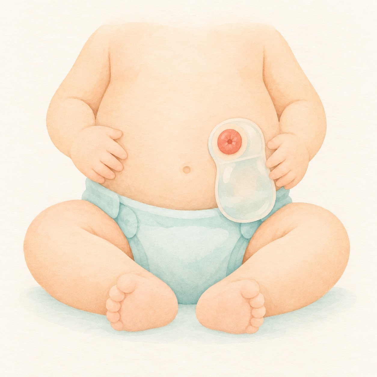 Illustration of a baby with a stoma and a stoma pouch on the tummy