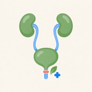 Flat illustration of kidneys, ureters and bladder with a blockage below the bladder