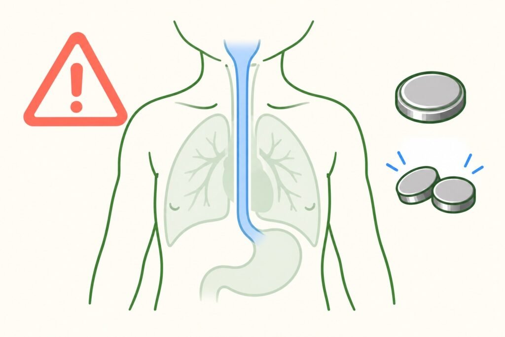 Flat illustration of a child's food pipe and stomach with two button batteries and a warning triangle